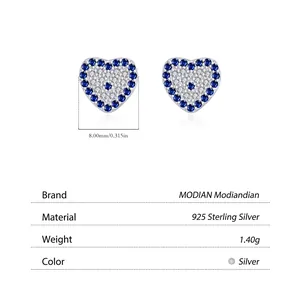 S925 sterling silver heart stud earrings with blue and white zircons, 8mm width