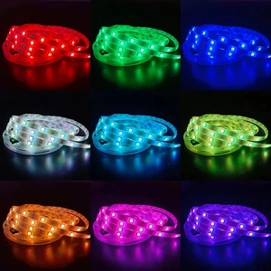 Detailed 3x3 grid showing nine colors of the 5050 RGB LED strip with 12V DC power marking