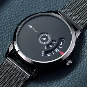Minimalistische schwarze Edelstahluhr mit Milanaise-Armband und rotierender Anzeige