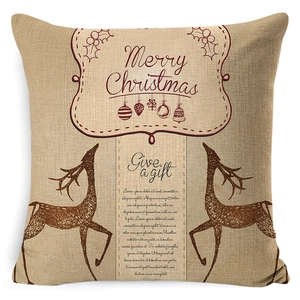 Close-up of linen Christmas pillowcase featuring reindeer and Merry Christmas print