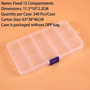 Detailed view of a 15-grid transparent plastic organizer box with blue safety buckles