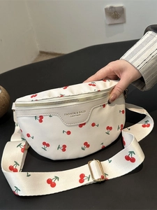 White crossbody chest bag with cherry print and adjustable wide strap for women