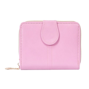 Kurze Damen Geldbörse aus rosa Ölwachs PU-Leder mit Druckknopf und Gold-Reißverschluss