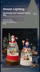 Close-up of Santa Claus and snowman crystal snow globes with festive lighting features