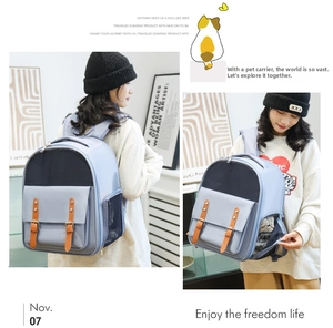 Detail showing breathable mesh window and side access on light blue pet backpack carrier