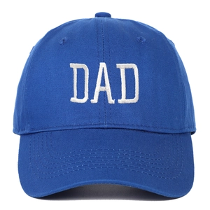 Detailed view of 3D white DAD embroidery on premium blue cotton twill baseball cap