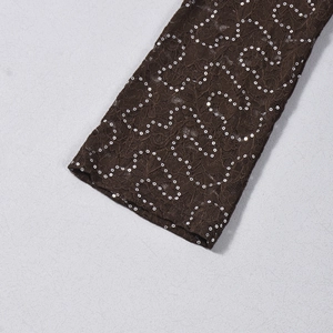 Close-up of brown lace fabric featuring intricate silver sequin wave patterns on sleeve