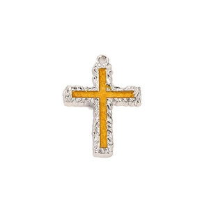 Zinc alloy cross pendant with silver metallic texture and golden center on white background