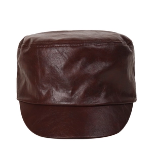 Classic dark brown PU leather cadet cap with vintage texture and structured flat top