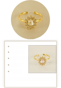 Detailed view of 18K gold plated sunflower ring with oval zircon and size dimensions