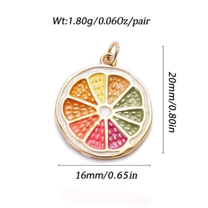 Detailed view of colorful fruit slice pendants with dimensions 16mm x 20mm and weight info