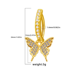 Detailed dimension drawing of golden butterfly navel ring with crystal cubic zirconia