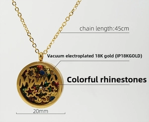 Detail of 18K gold-plated Mama pendant with colored crystals and dimensions marking