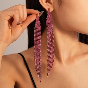 Luxurious pink long tassel drop earrings with sparkling rhinestones for elegant women