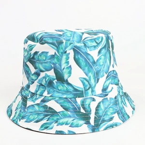 Detail of tropical banana leaf print and precise stitching on the cotton bucket hat