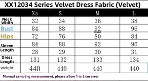 Detaillierte Größentabelle für das schulterfreie Samtkleid mit Maßen von XS bis L