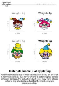 Detail view of colorful cartoon clown enamel pins with size and weight measurements