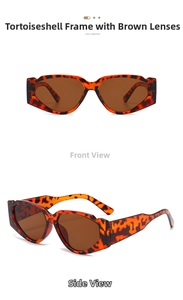 Close-up of tortoiseshell oversized cat-eye sunglasses with gradient tea lenses from two angles