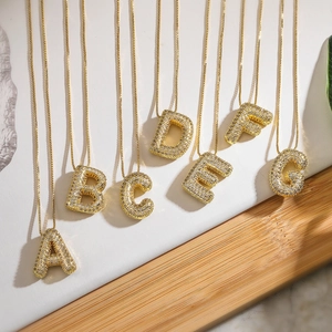 Initial Letter Necklace For Women Gold Plated Stainless Steel Puffy Bubble Alphabet Pendant Shiny Zircon Box Chain Jewelry