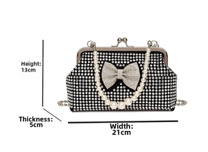 Detailed size specifications for rhinestone bow bag featuring pearl handle and chain strap