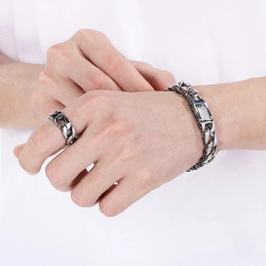 Men's silver Cuban link chain bracelet and matching stainless steel ring set