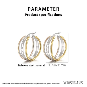 Three-tone stainless steel nested earrings measuring 29x11mm with textured layer details