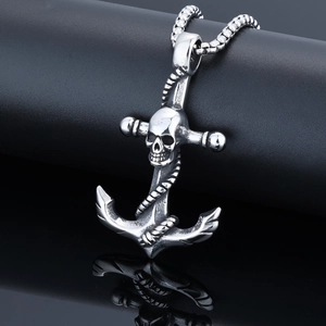 Skull Anchor Pendant Necklace Stainless Steel Retro Gothic Punk Nautical Jewelry For Men Polished Pirate Ship Hook