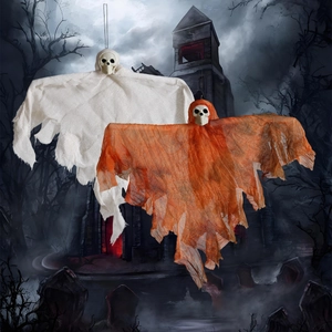 Halloween hanging skeleton ghosts in white and orange gauze for spooky party scene decoration