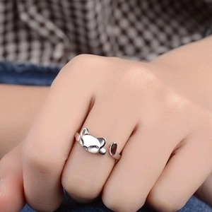 Cute silver fox open ring for women with adjustable minimalist animal design