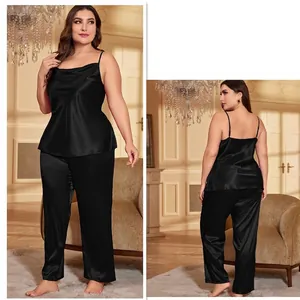 Plus size black satin pajamas set for women with spaghetti strap top and long pants
