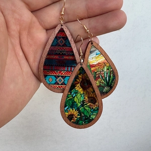 Western Waterdrop Earrings Wood Acrylic Aztec Ethnic Bohemia Floral Cactus Pattern Dangle Women Jewelry