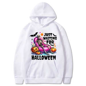 White Halloween hoodie with pumpkin and skull print and Just Waiting For Halloween text