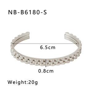 Silver stainless steel open bracelet with size specs 6.5cm diameter and 0.8cm width