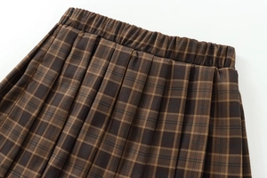 Detail of the elastic waistband and side zipper on a pleated plaid mini skirt