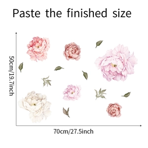 Pink peony flower wall sticker size guide showing 50x70cm dimensions and layout