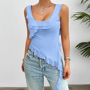 Light blue Y2K sleeveless mesh camisole top with ruffled irregular hem on a model