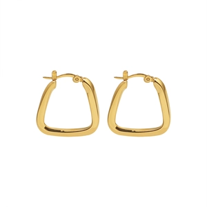 Polished 18K gold plated stainless steel U-shaped geometric hoop earrings on white background