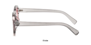 Side view of oval sunglasses with transparent grey frame and pink lenses