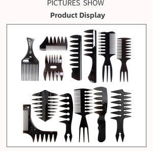Macro view of 12-piece professional barber comb set with wide tooth and styling tools