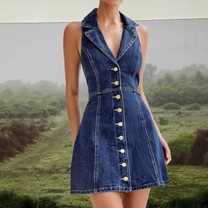 Retro Denim Sleeveless Mini Dress Women V Neck Button Down Slim Fit A Line Summer Casual Streetwear Blue