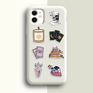 Bohemian wizard tarot stickers applied on a white iPhone case with mystic crystal designs
