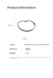 Detail view of gold plated hollow bangle with square zircon and dimensions 5.9cm x 5.5cm