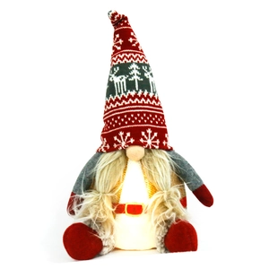 LED lighted Christmas gnome doll with festive red and grey knitted hat for holiday decor