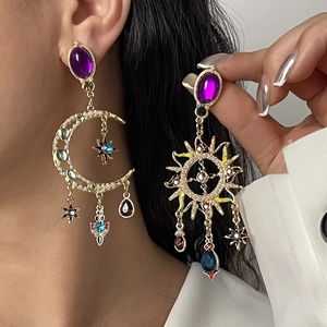 Orecchini Pendenti Asimmetrici Sole Luna Stella Lega Strass Perla Artificiale Bohemien Barocco Gioielli Donne