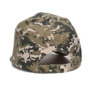Back view of digital camouflage baseball cap featuring adjustable velcro strap and twill fabric