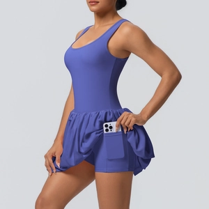 Detail of periwinkle sports dress showing built-in shorts with hidden phone pocket