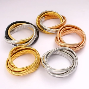 Three-layer stretch snake bone bracelets in gold, silver and rose gold metal finishes