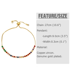 Detail view of colorful zircon slider bracelet with dimensions and gold plated specs