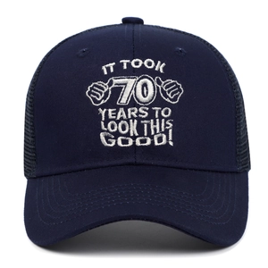 70th Birthday Navy Blue Cotton Trucker Hat with White Embroidery and Mesh Backing