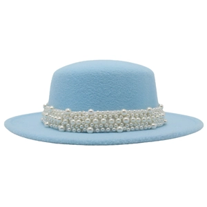 Sky blue wool felt boater hat for women featuring delicate white pearl embellishments